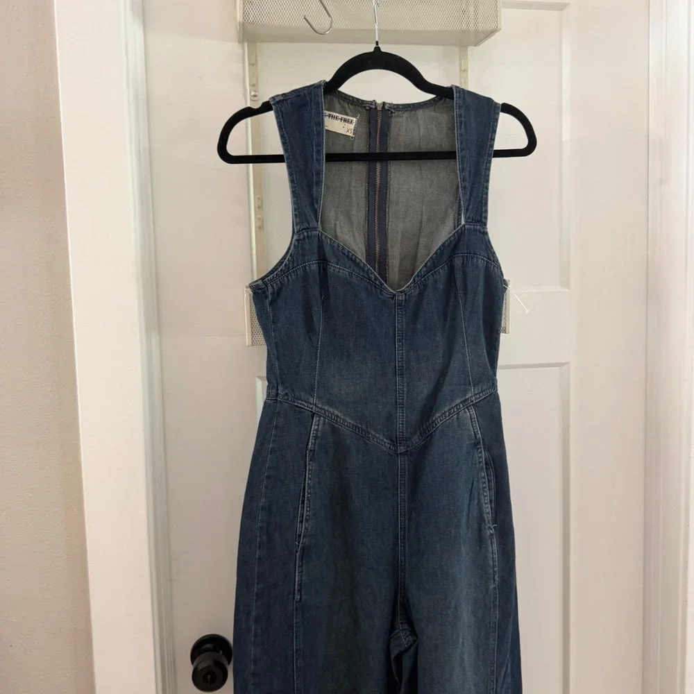 Free People We The Free Match Point Denim Jumpsuit Dark Wash XS‎ Overalls Boho